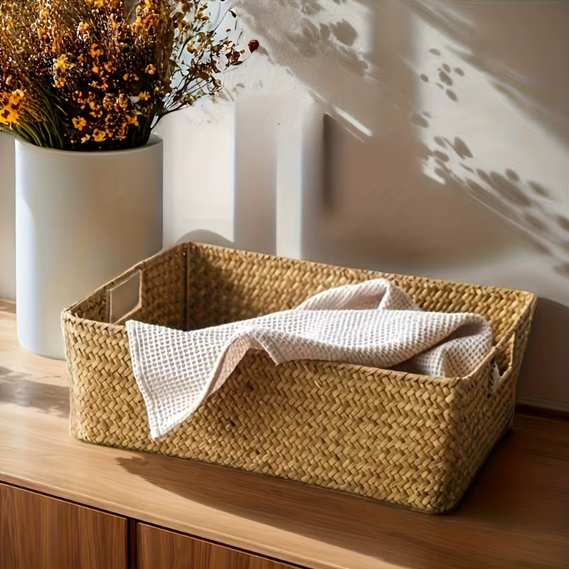 Panier en rotin tissé à la main, organisateur de rangement rectangulaire pour salle de bain, chambre