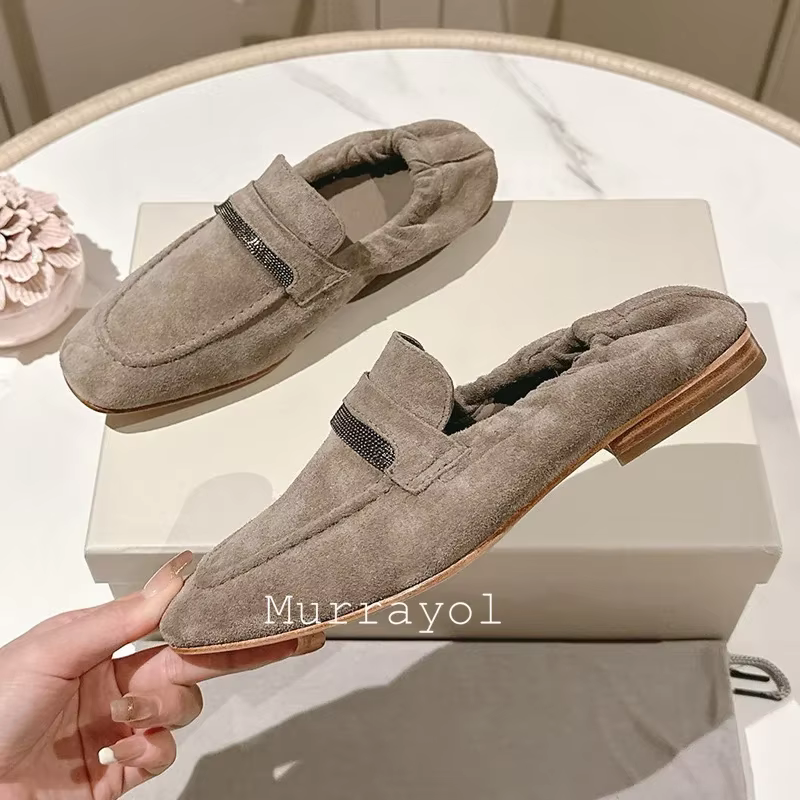 Mocassins paresseux en daim de vache à bout rond pour femmes, chaussures plates rétro avec décor de 