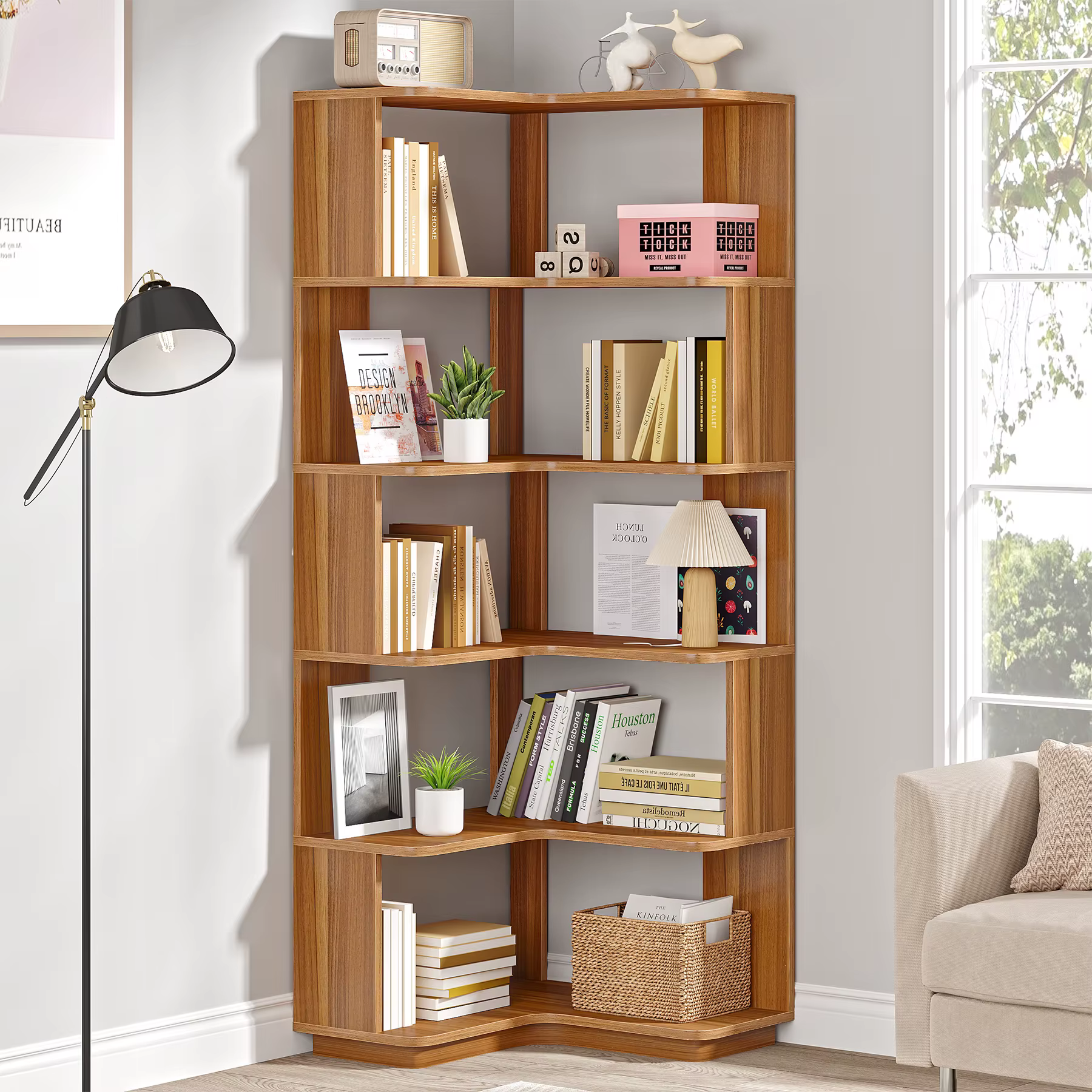 Tribesigns-Bibliothèque d'angle industrielle avec panneau anti-chute, étagère d'angle Mars en bois,