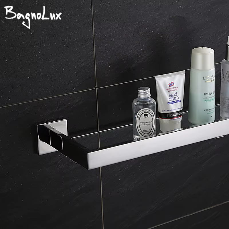 Étagère en verre chromé, Design classique, acier inoxydable de qualité supérieure avec barre à suspe