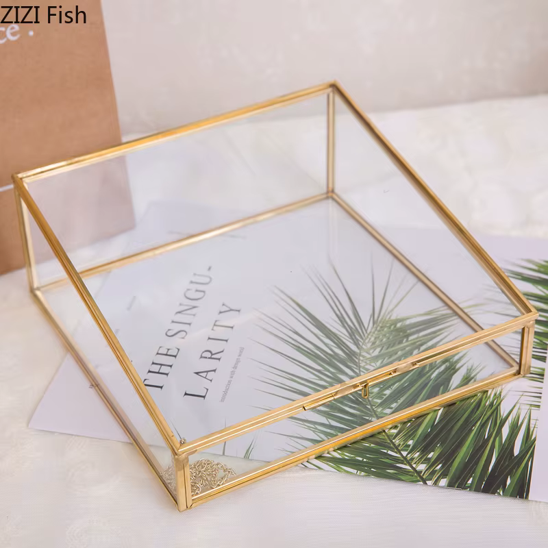 Boîte de Rangement Polygonale en Verre Latéral en Cuivre Vintage