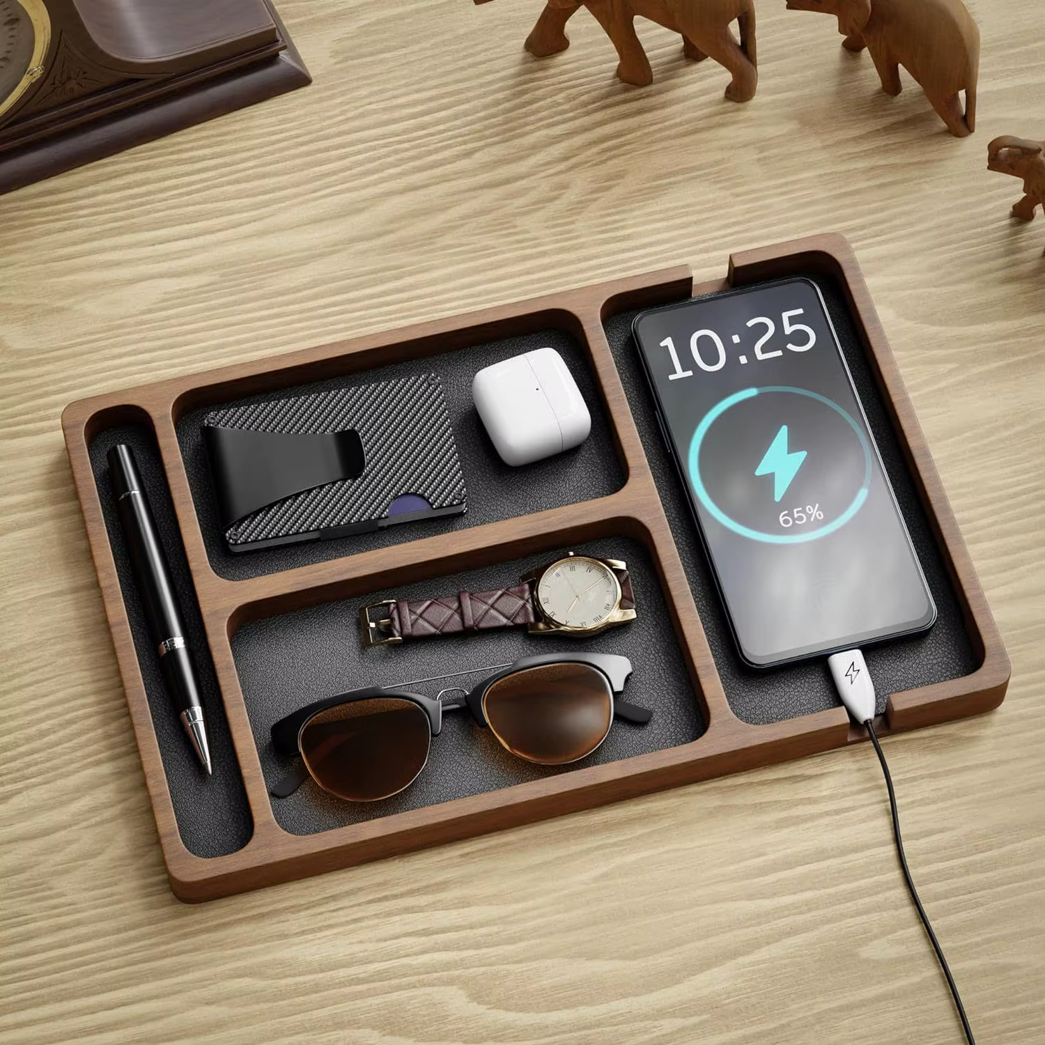 Boîte de rangement de bureau en bois massif avec compartiments