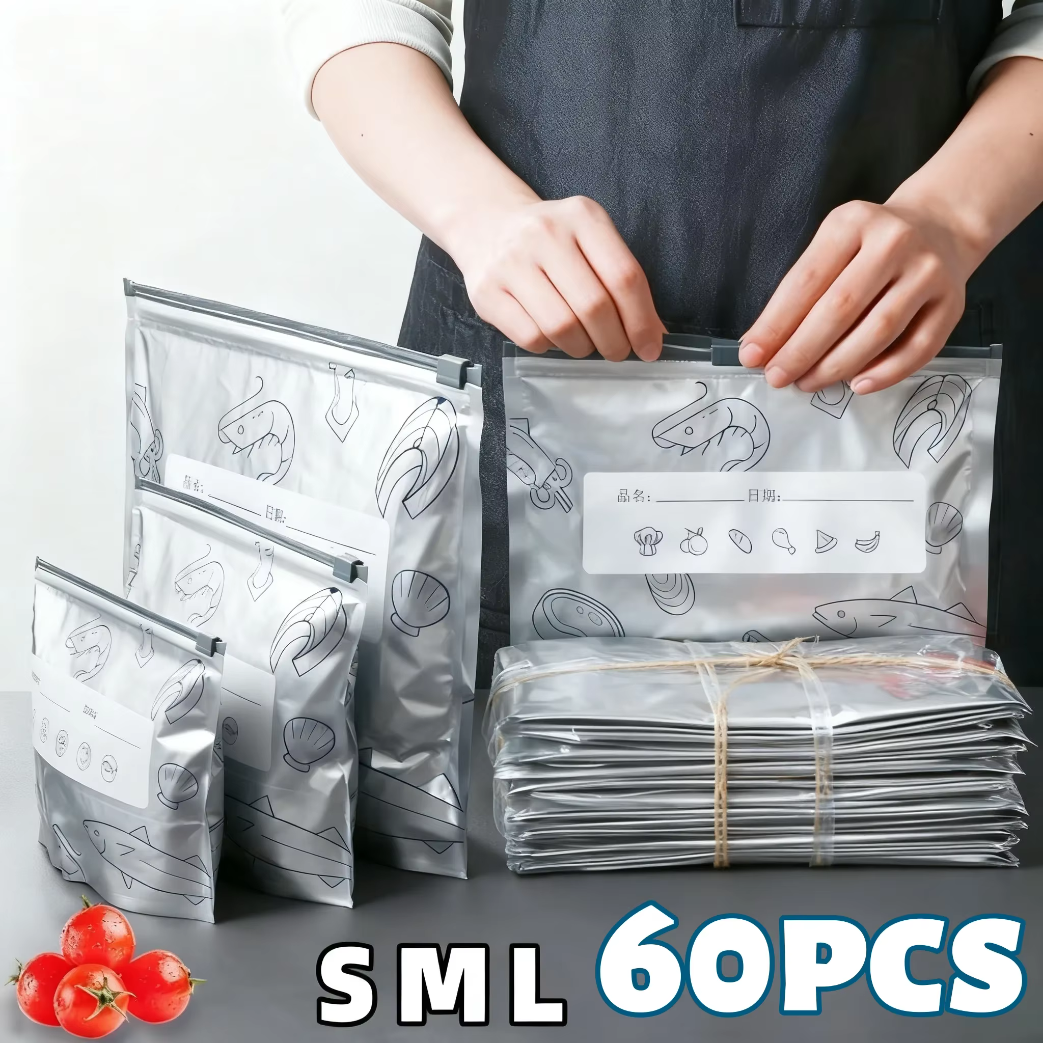 Sacs de rangement en papier d'aluminium, 60 pièces, organisateurs scellés pour congélateur, emballage alimentaire, garde-manger réutilisable, sac anti-odeur, essentiel de cuisine