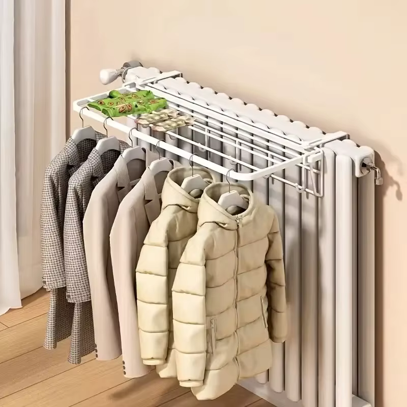 Support de radiateur mural robuste – Étagères et tiges de séchage de vêtements extractibles | Économie de l'espace