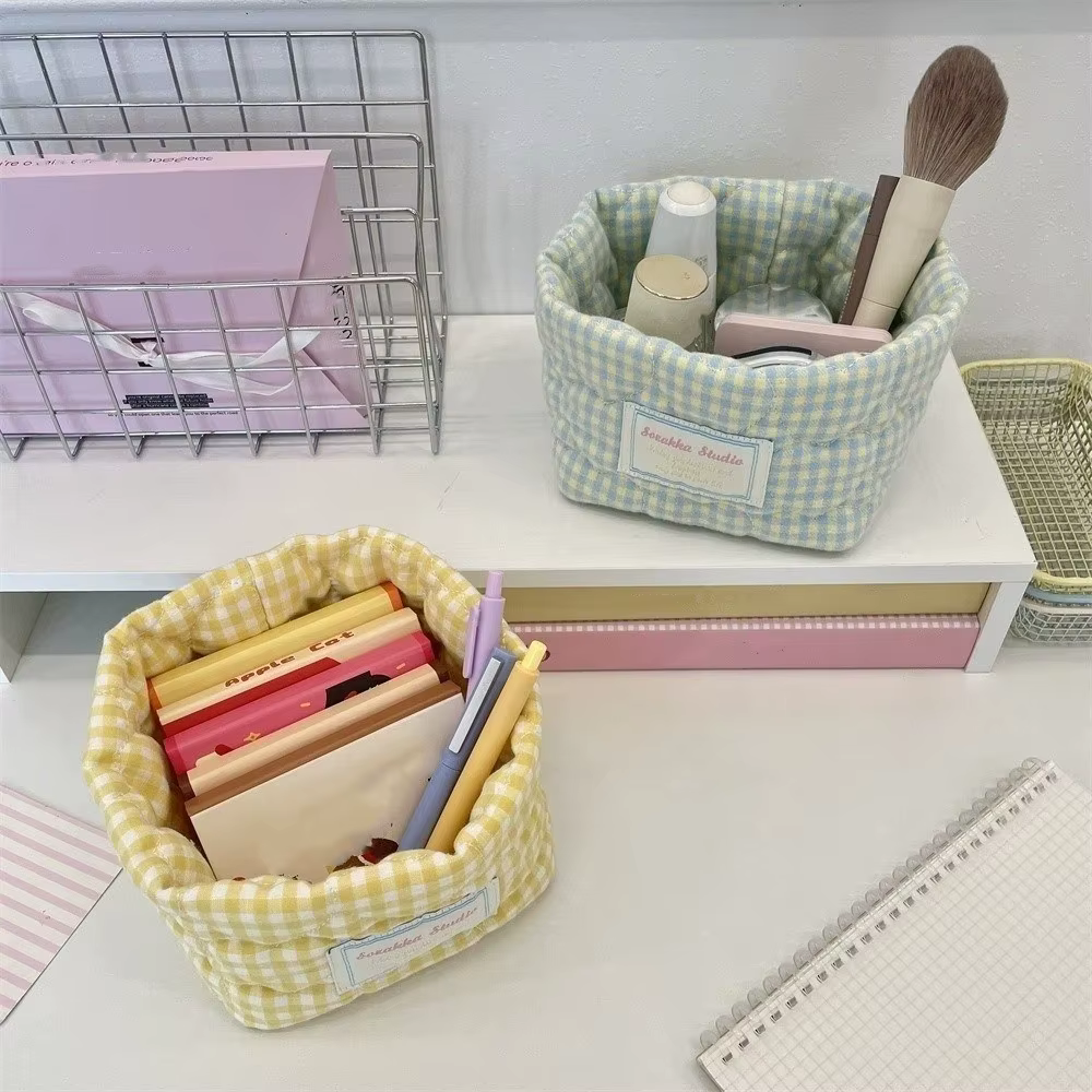 Panier de rangement en tissu à carreaux et rayures