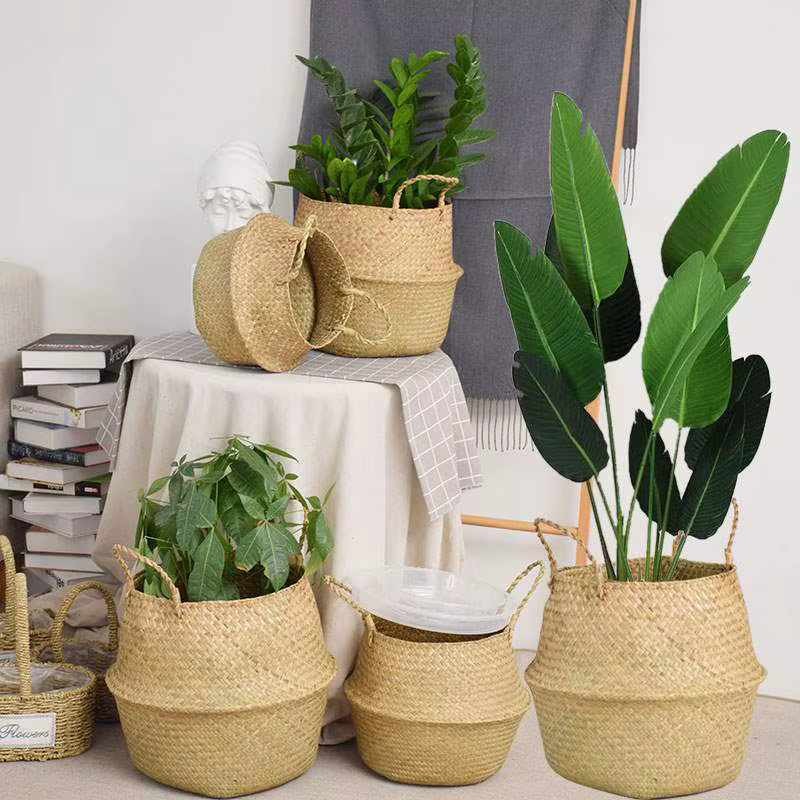 Paniers de rangement paille osier rotin suspendu pot de fleurs jonc de mer pliant linge Clthoes