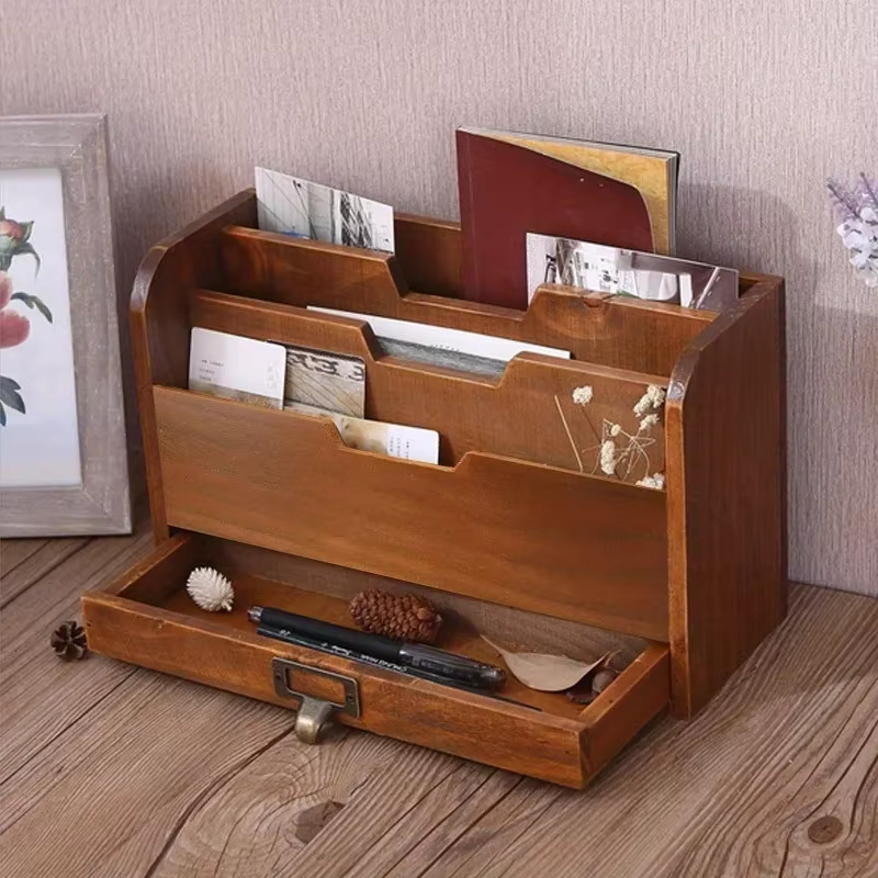 Boîte de rangement à tiroir de bureau en bois Vintage polyvalente