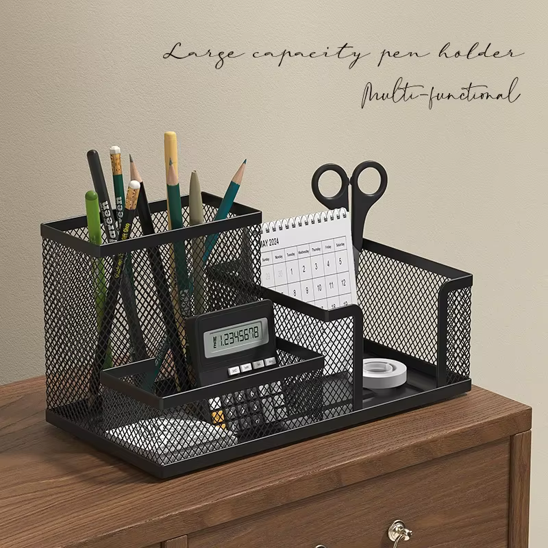 Organisateur de bureau en maille noire – Rangement à 3 niveaux avec porte-crayons et paniers