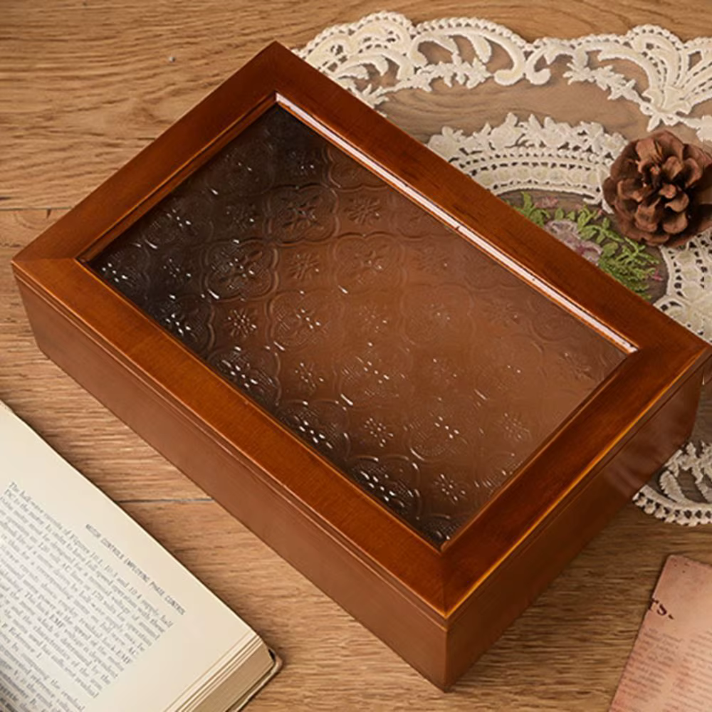 Boîte de rangement vintage en bois décorative avec couvercle en verre
