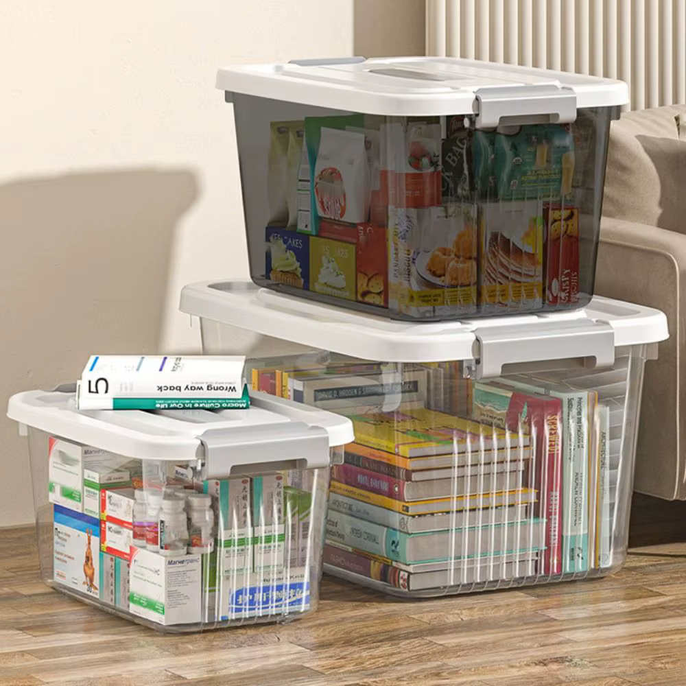 Boîte de rangement noire transparente pratique en plastique avec couvercle