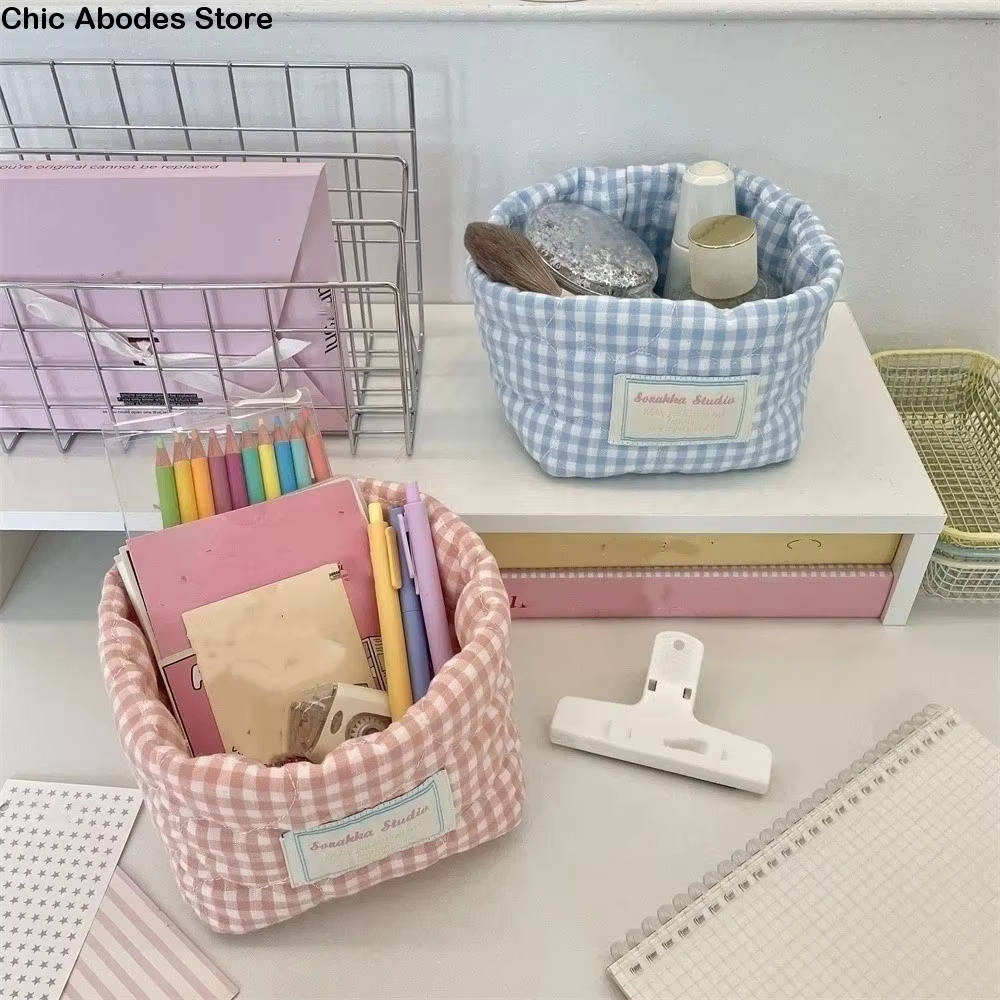 Panier de rangement en tissu à carreaux et rayures