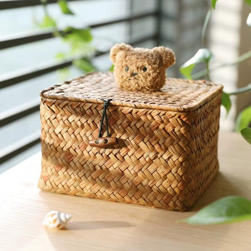 Boîte rangement en jonc mer tissé à main