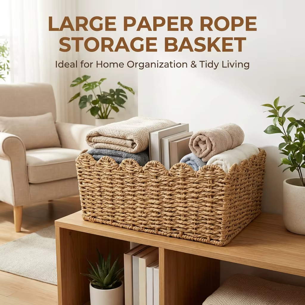 Panier de rangement polyvalent en osier grande capacité en corde de papier pour l'organisation de la chambre et du salon