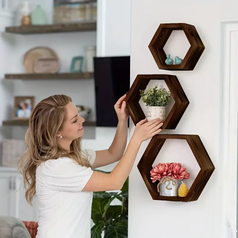 Nouvel arrivage : Ensemble d'étagères flottantes hexagonales et unités de rangement murales en bois massif en nid