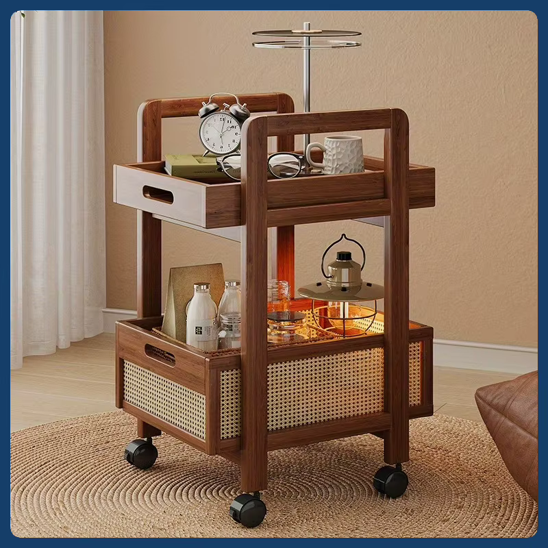 Chariot de rangement en rotin – Table d'appoint mobile avec paniers tissés
