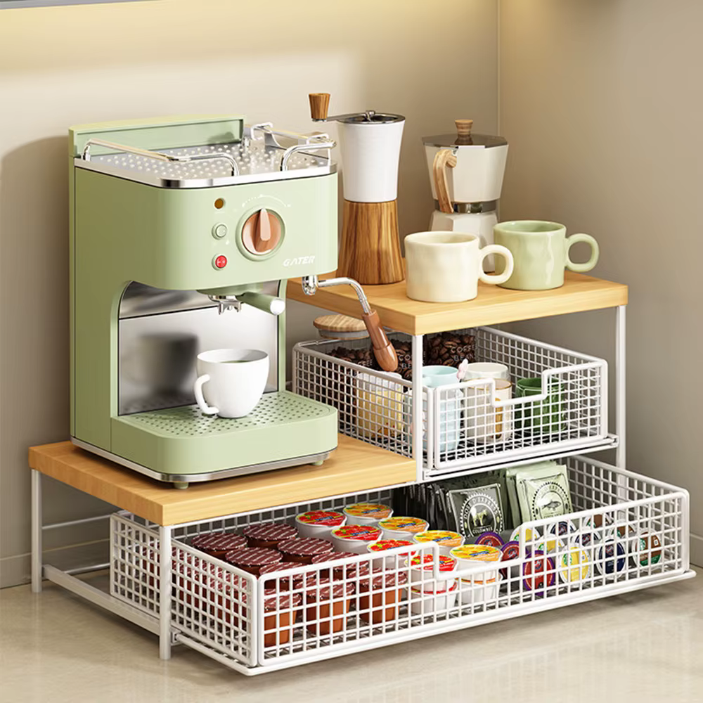 Organisateur de comptoir de cuisine peu encombrant avec tiroir et panier en fil métallique - Étagère robuste en bois dur pour machine à café.