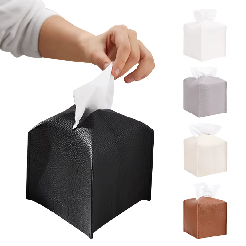 Boîte à mouchoirs carrée en cuir PU