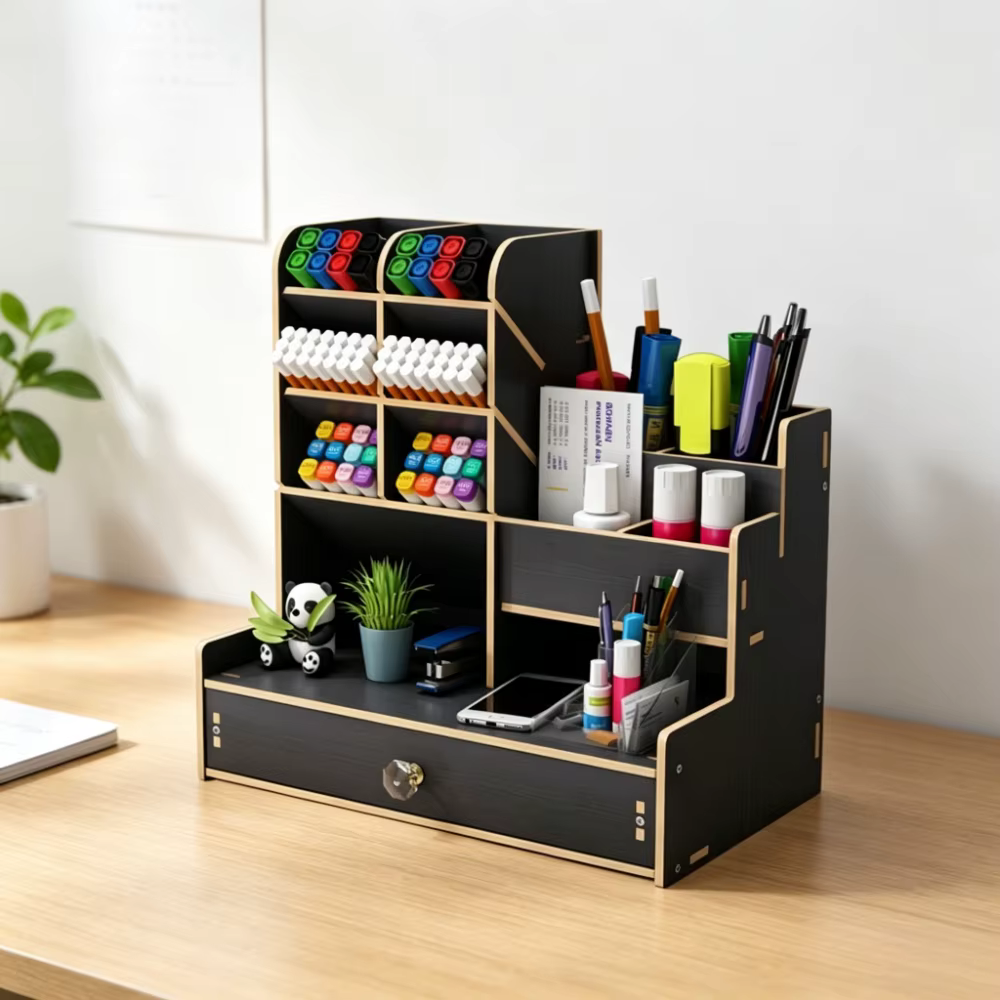 Organisateur de bureau en bois tendance avec tiroir, support à crayons multi-compartiments, style nordique, fournitures scolaires et étagère de bureau