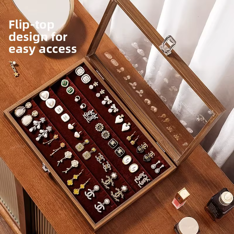 Boîte de rangement à bijoux grande capacité motif noyer avec couvercle en verre transparent pour boucles d'oreilles