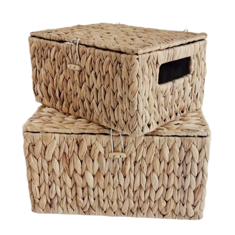 Panier de rangement rectangulaire en paille tissé avec couvercle