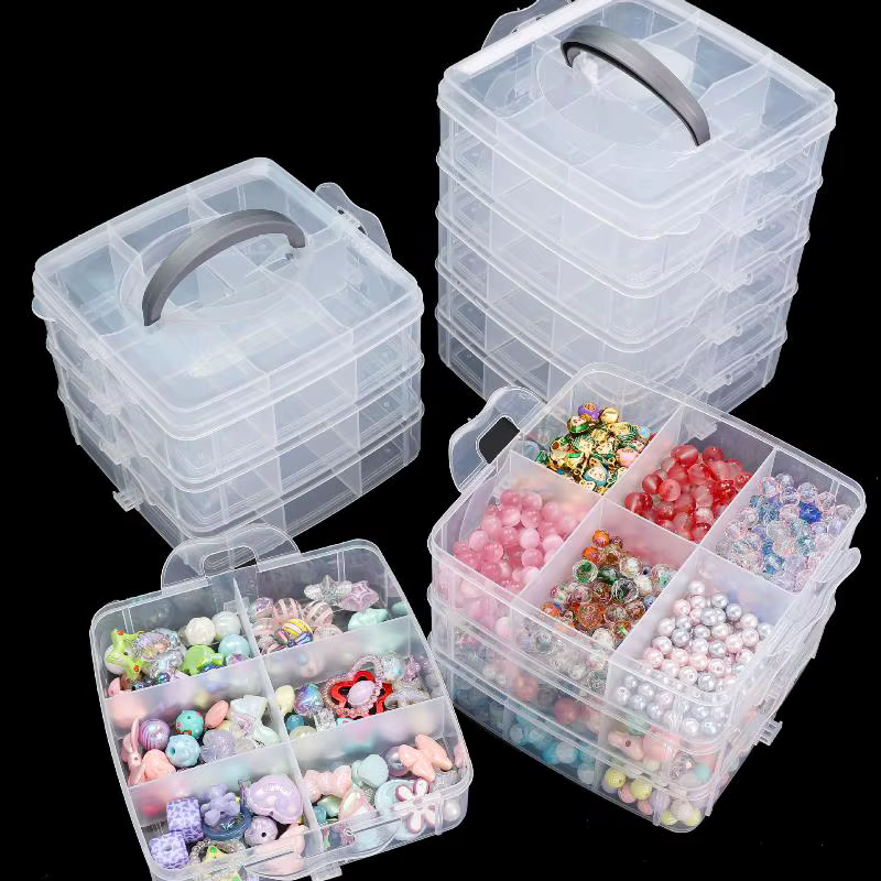 Boîte de rangement en plastique transparente à 3 niveaux et 18 compartiments réglables et empilables pour organiser les