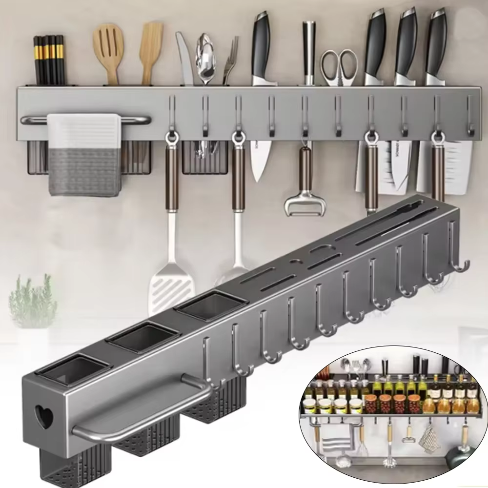 Support de rangement mural multifonctionnel en acier inoxydable pour ustensiles de cuisine