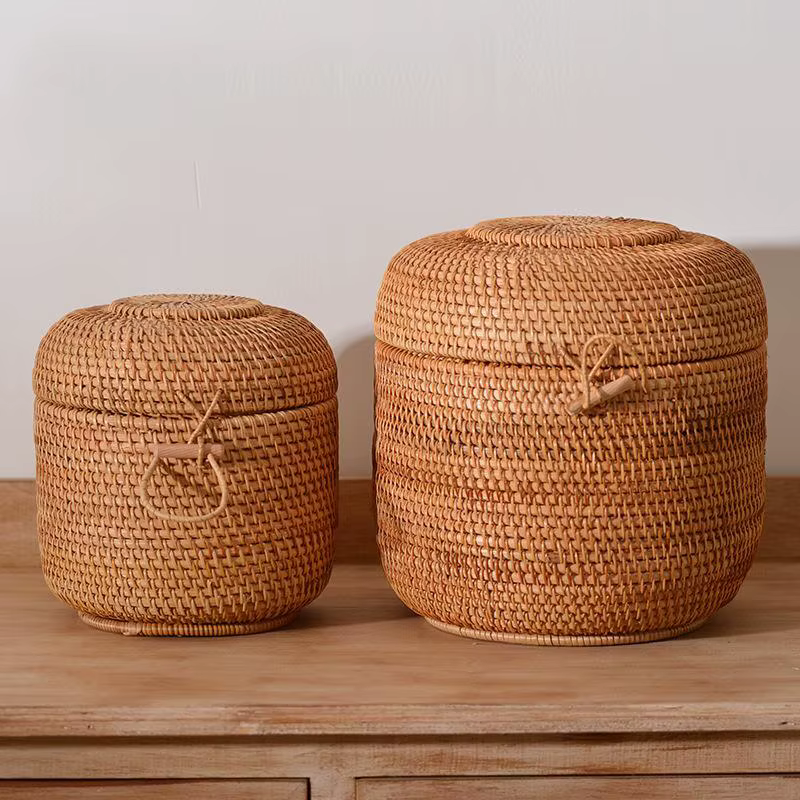 Boîte de rangement de thé en rotin tissé à la main avec couvercle
