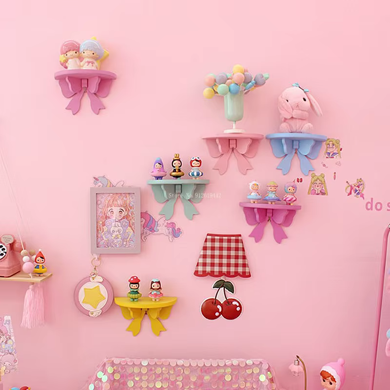 Étagères de chambre à coucher à nœud rose Kawaii japonais, rangement mural en bois cosmétique, décoration de chambre à cœur girly T1, étagère murale
