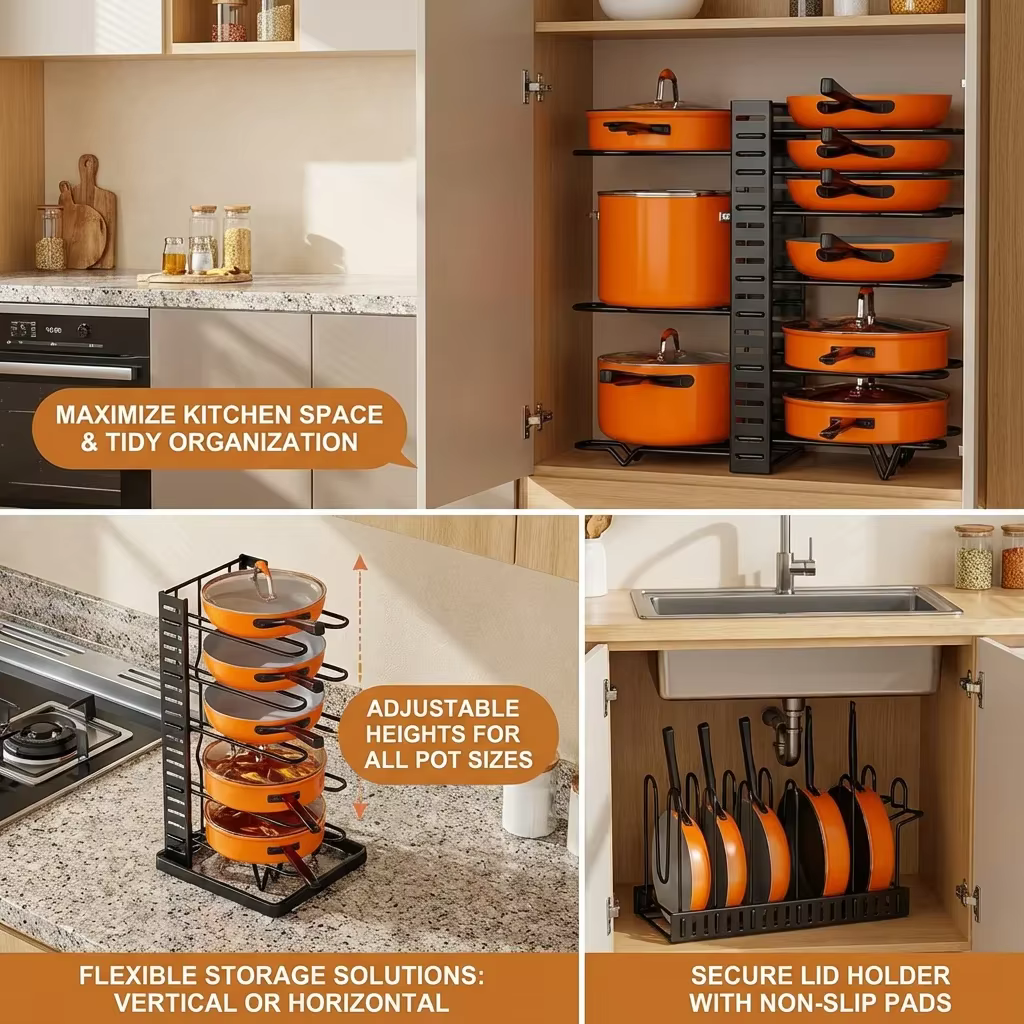 Organisateur de casseroles à 8 niveaux pour gagner de la place - Support en métal durable