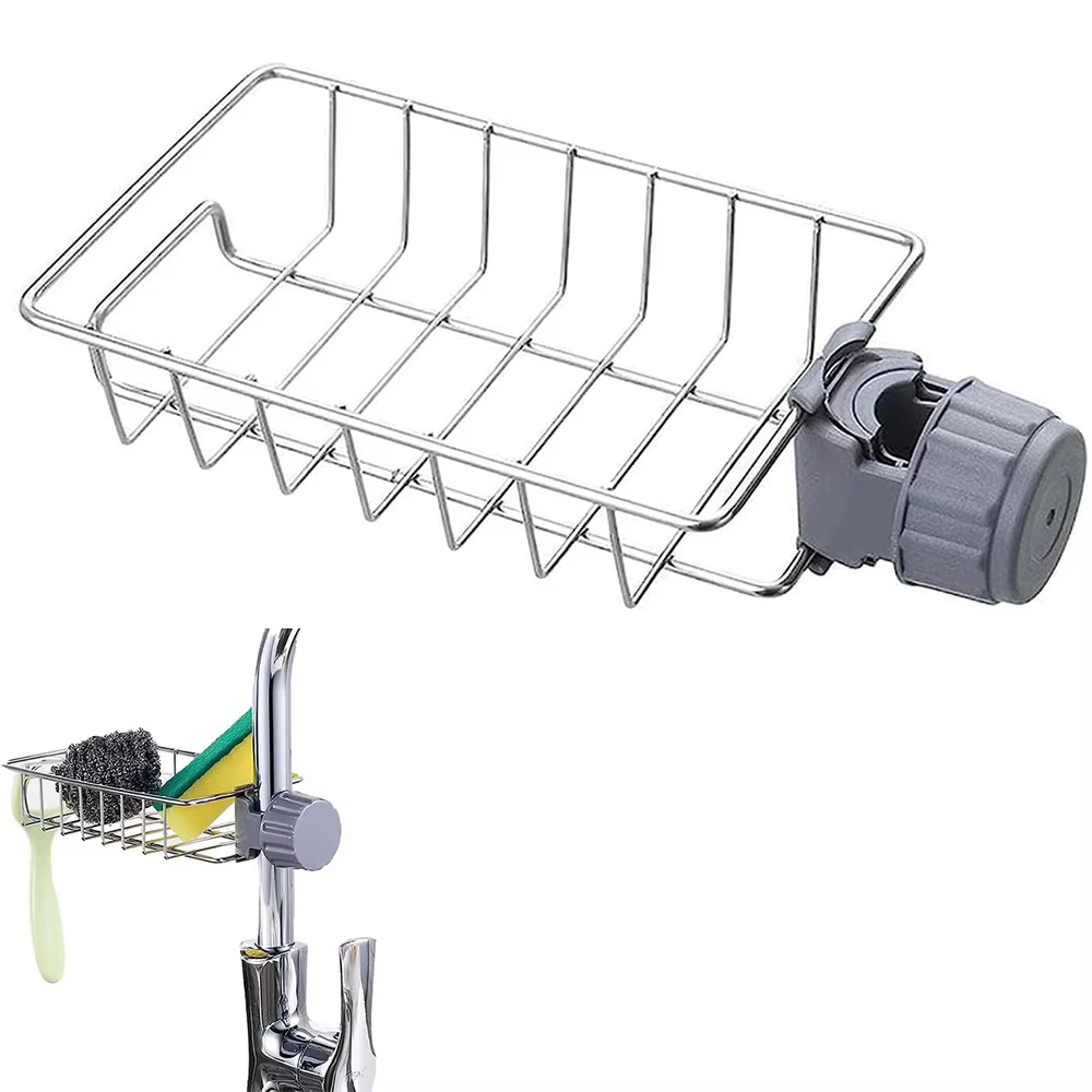 Support d'évier de cuisine en acier inoxydable pour éponges et accessoires
