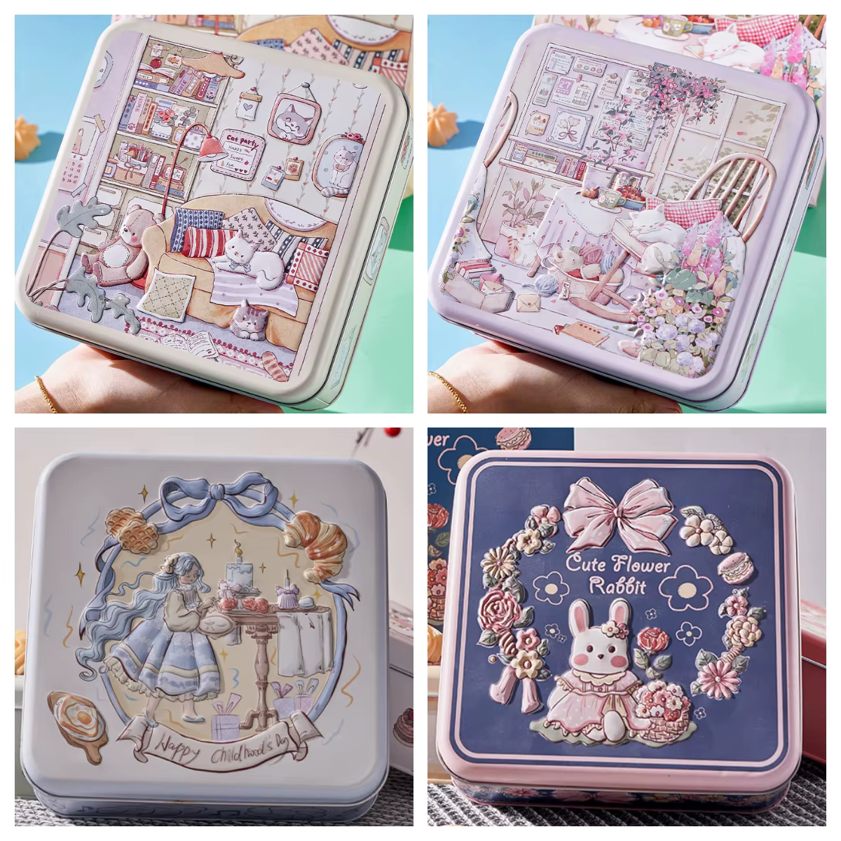 Boîte de rangement en métal de lapin d'ours mignon