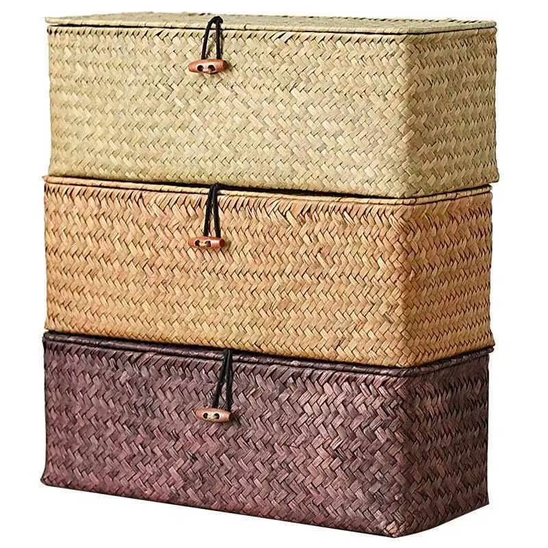 Panier de rangement en jonc de mer avec couvercle