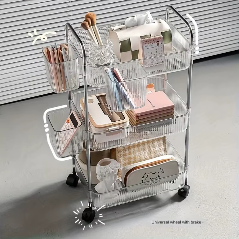 Chariot de rangement transparent à 3 niveaux avec roulettes