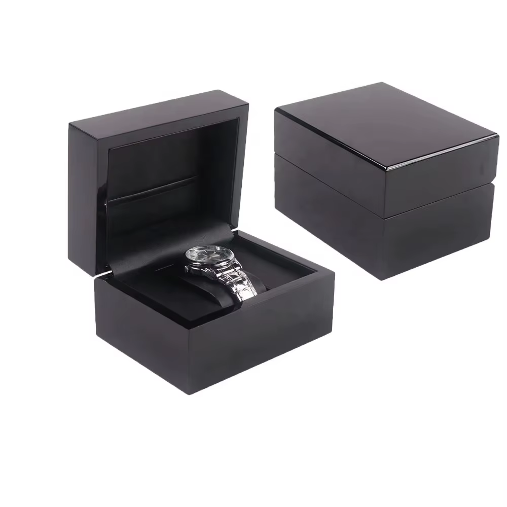 Boîte à montre de luxe en bois noir laqué avec coussin en cuir PU et étui cadeau pour le voyage