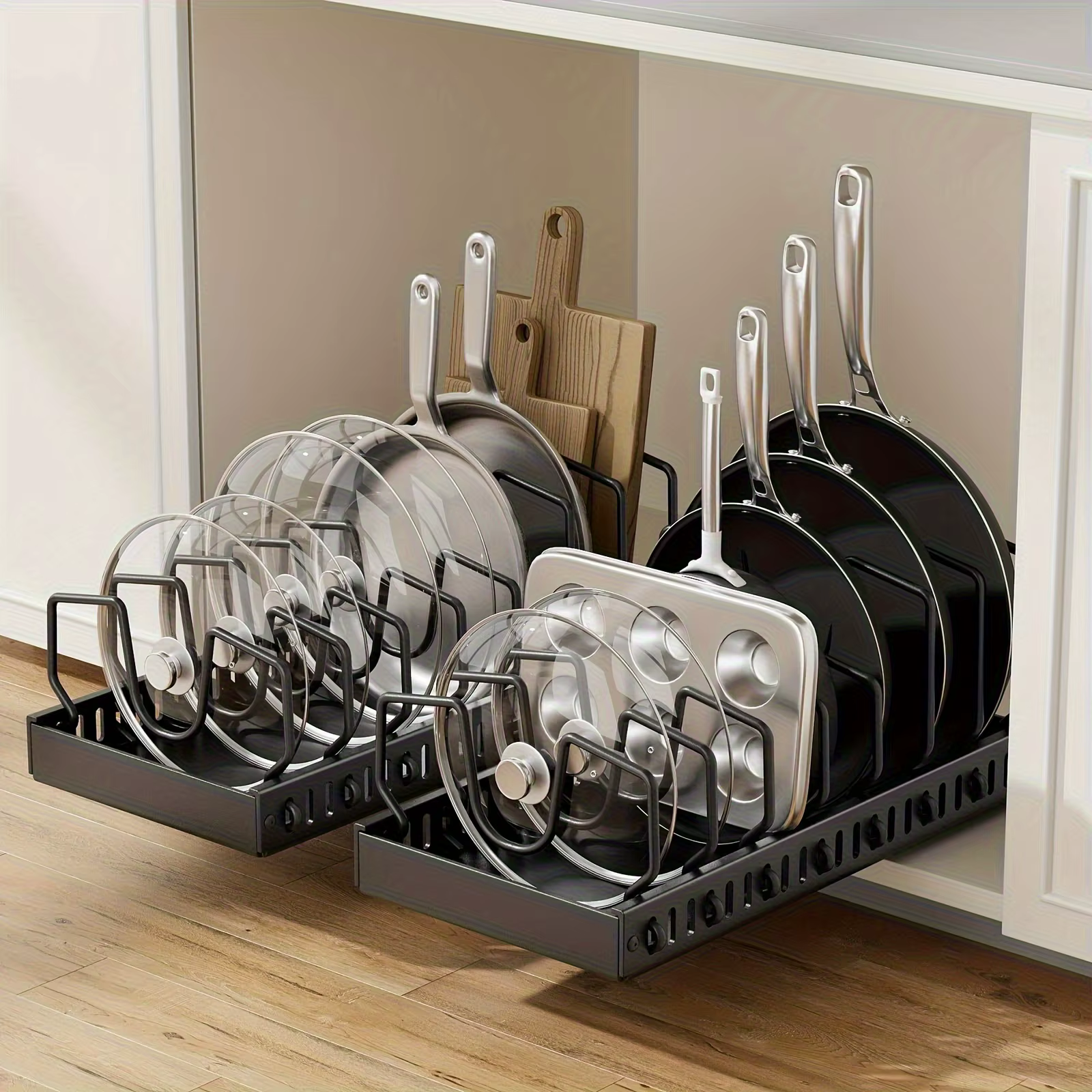 Étagère de rangement pour ustensiles de cuisine et poêles avec boîte
