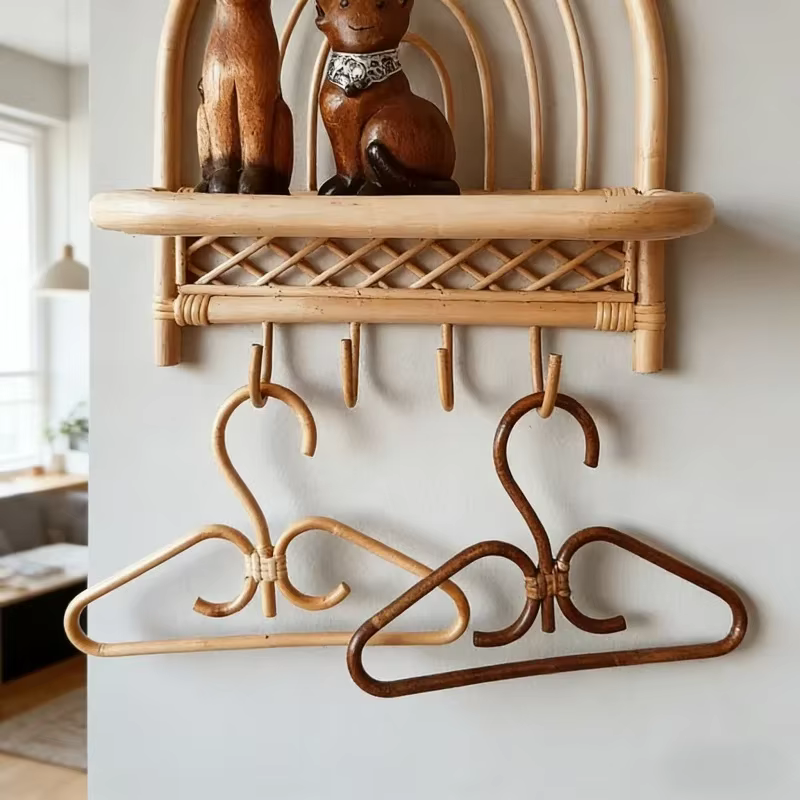 Porte-vêtements de rangement pour placard de chambre en rotin naturel fait main avec crochets et cintres