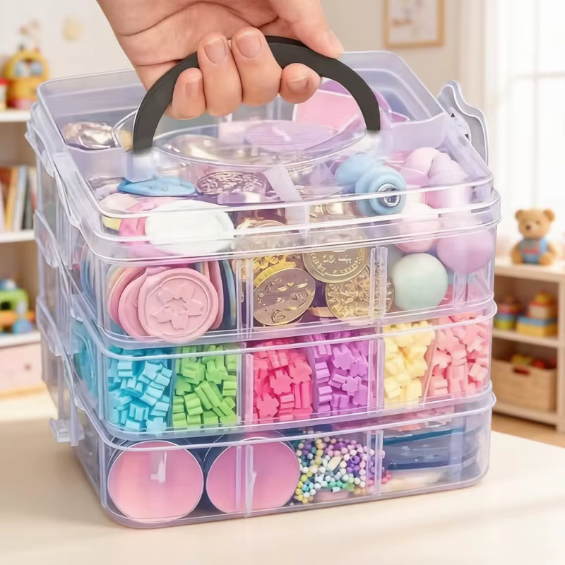 Boîte de rangement en plastique transparente empilable réglable à 3 niveaux et 18 compartiments