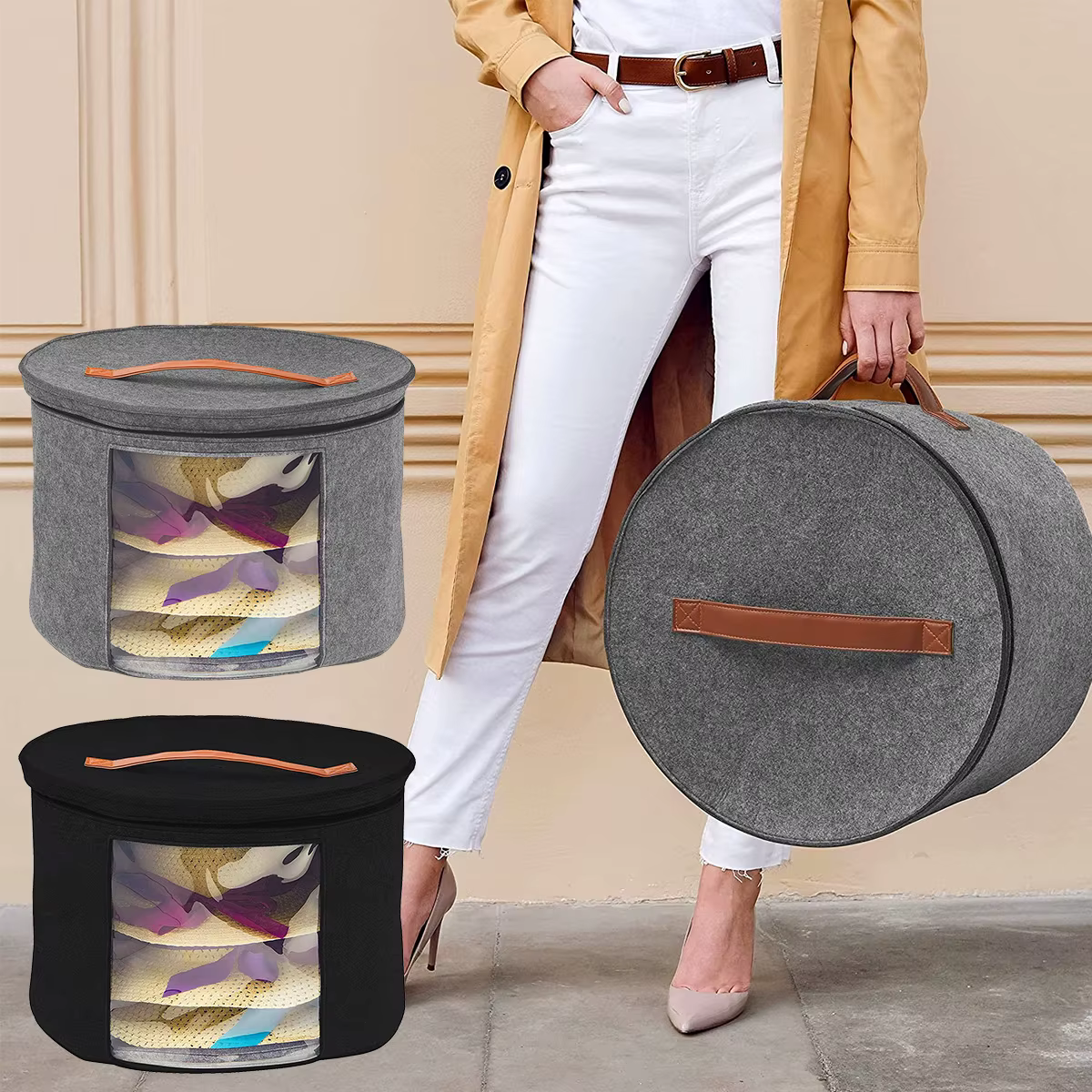 Grande Boîte de Rangement pour Chapeaux en Feutre