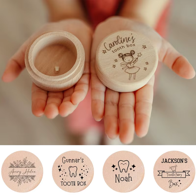 Boîte à dents de lait gravée en bois avec nom personnalisé
