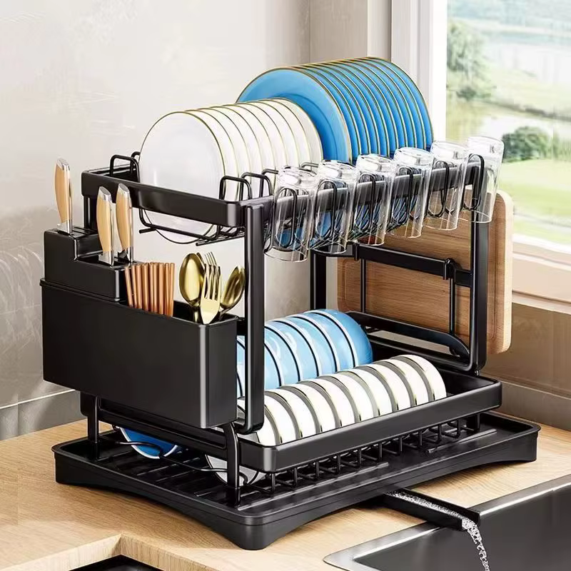 Égouttoir à vaisselle, support de rangement pour plateaux à double couche