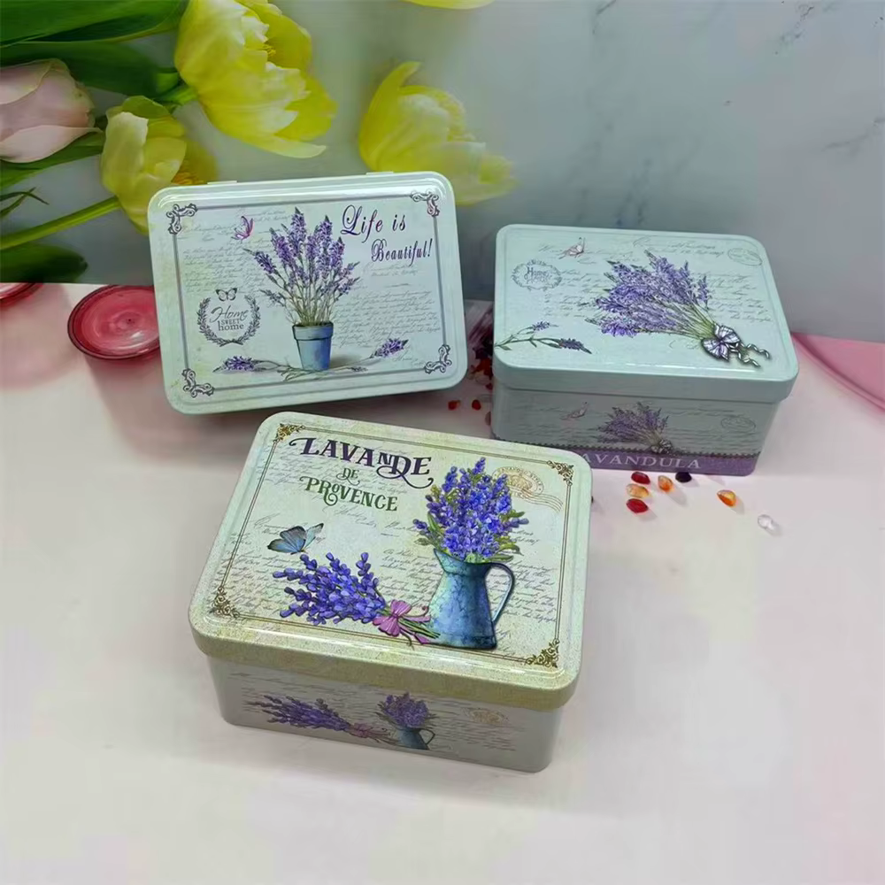Boîte de rangement rectangulaire en métal floral lavande vintage avec couvercle à pression - Organisateur décoratif de