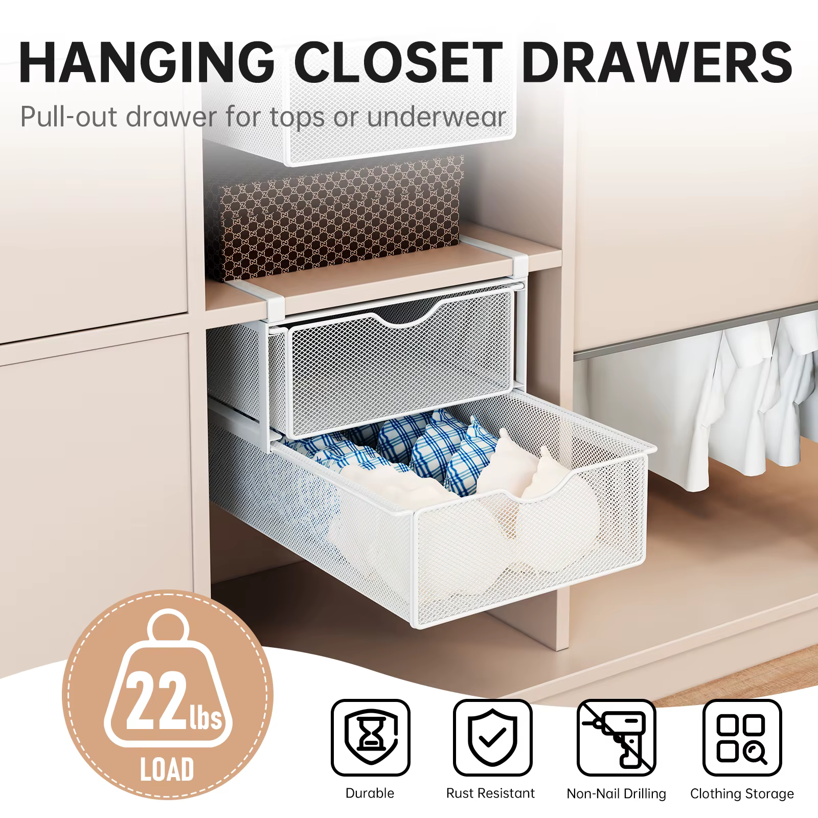 Organisateur de penderie double couche à tiroir coulissant pour sous-vêtements et vêtements