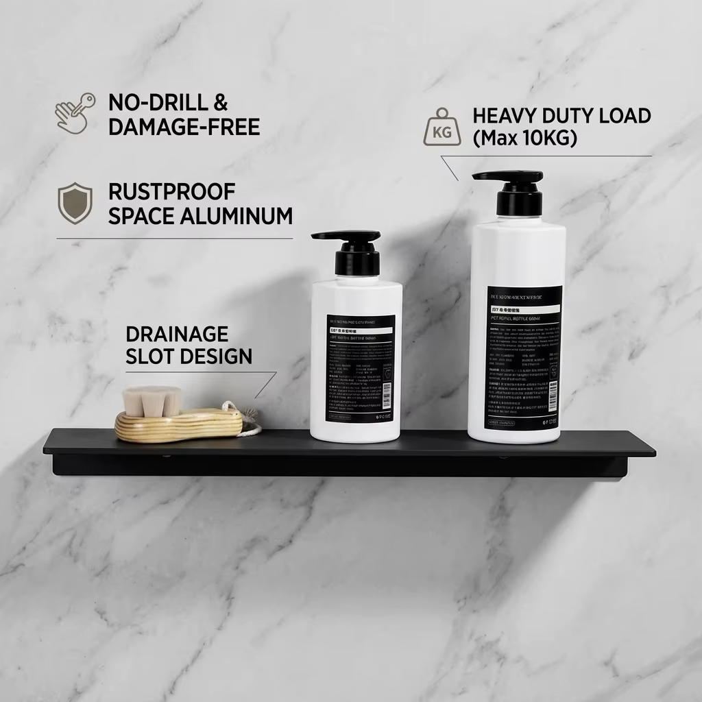 Étagère de salle de bain murale noire mate sans perçage