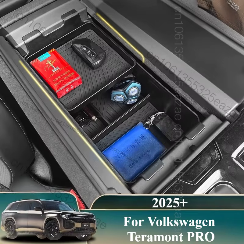 Pour organisateur de console centrale Volkswagen Teramont PRO 2025 – Boîte de rangement double couche pour accoudoir (ajustement personnalisé)