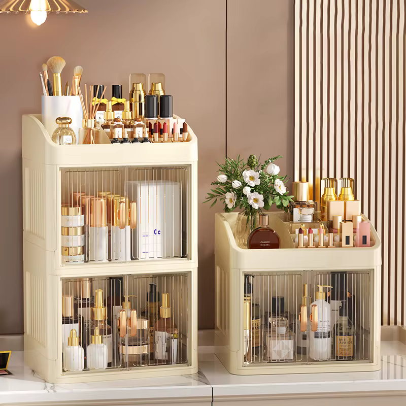 Organisateur de maquillage pliable à 3 à 4 niveaux avec fonction tiroir – Fournit un rangement spacieux pour cosmétiques