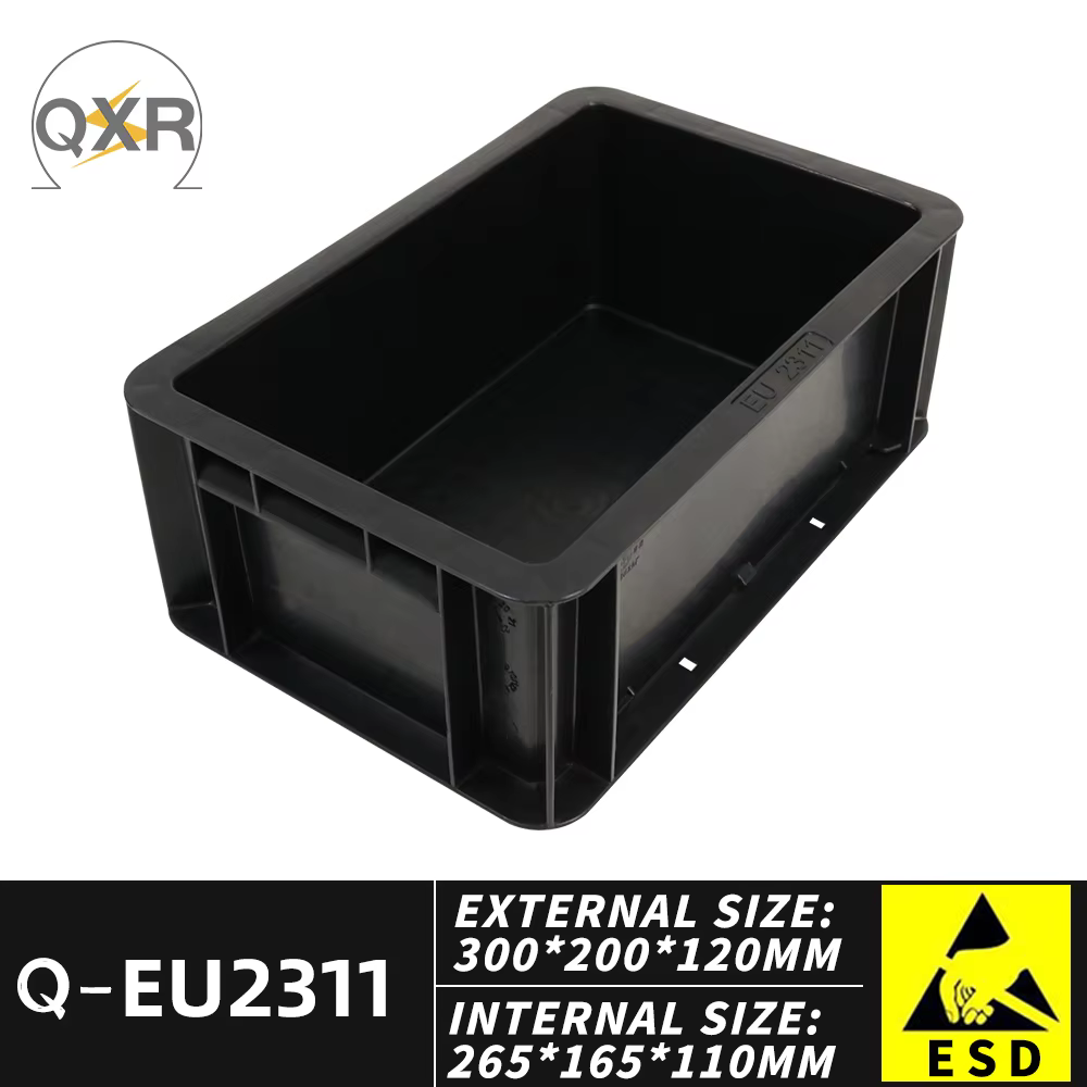 Q-EU2311 Boîte ESD 300*200*120mm Les boîtes de retournement conducteures noires sont empilables et transportables