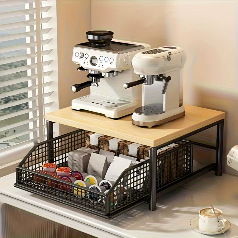 Organisateur de comptoir de cuisine peu encombrant avec tiroir et panier en fil métallique - Étagère robuste en bois dur pour machine à café.